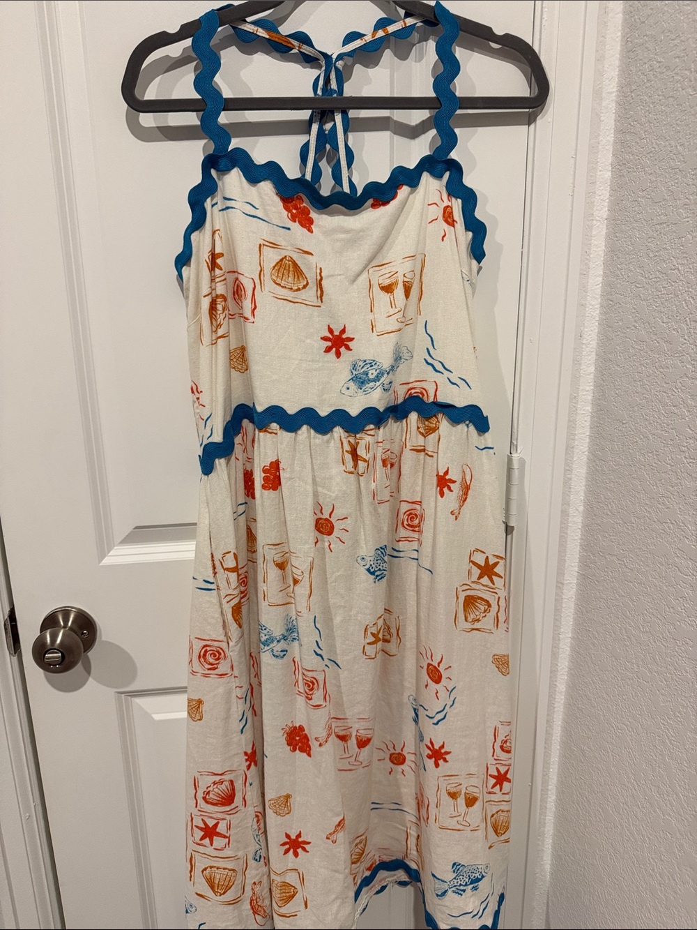 Cece Tropical Sundress with Blue Rick-Rack Trim and Orange sea inspired Print